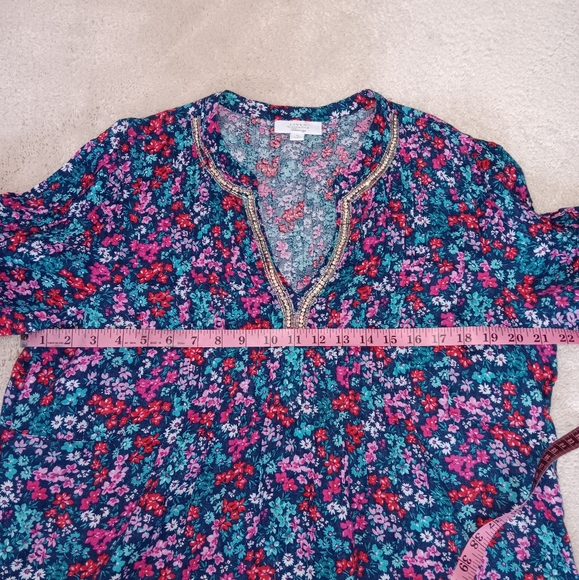 Charter Club Luxury~Linen Colorful Floral Tunic Top Rhinestone Beaded Neckline - Picture 6 of 14